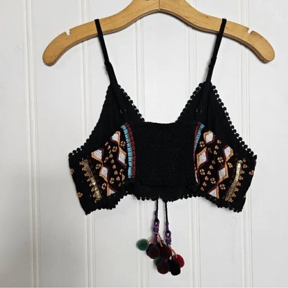 Earthbound Boho Tank Top XL NWT Tribal Beaded Sequin Pompom Tassel Cropped Black - Picture 9 of 10